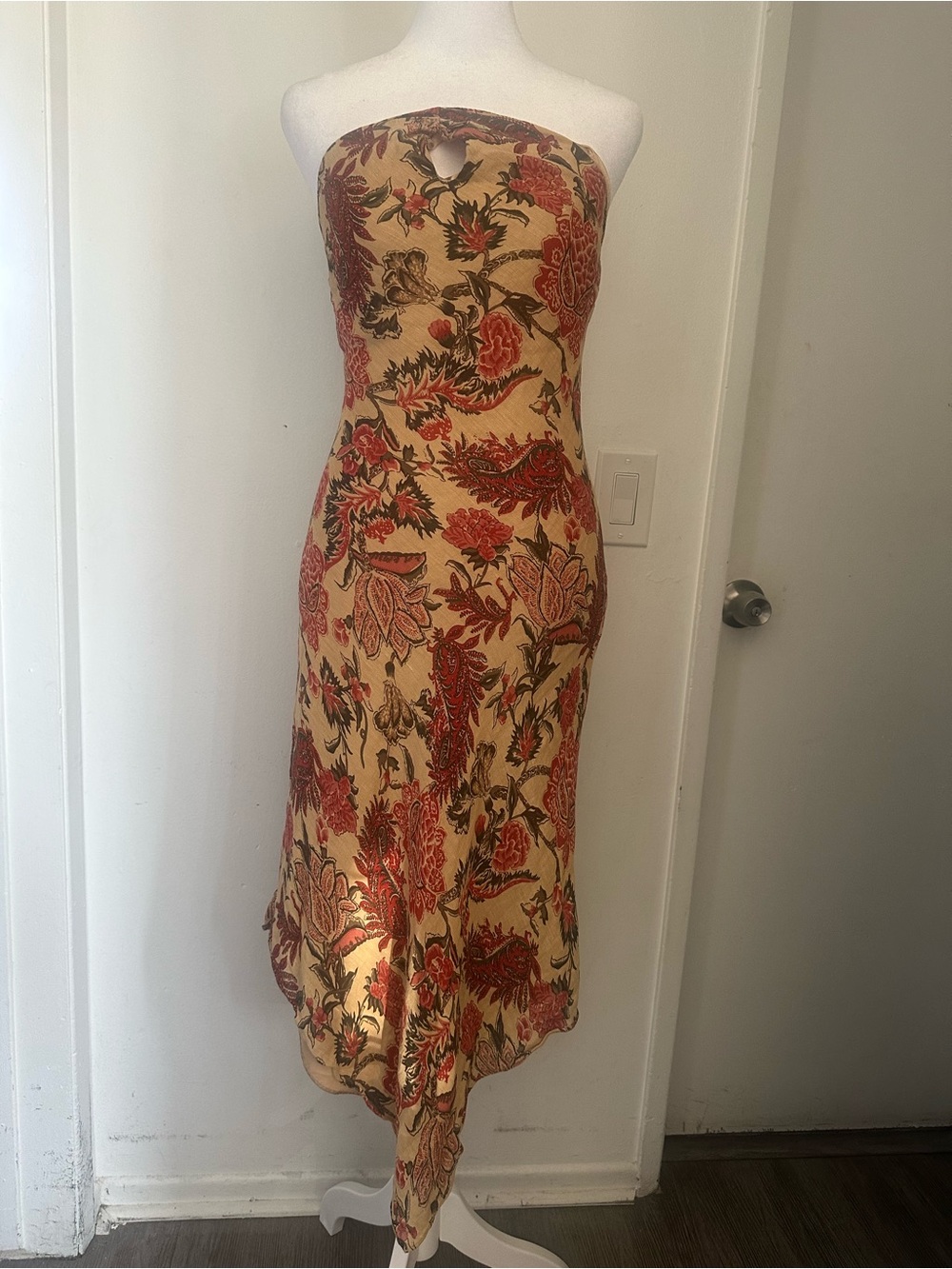 Lauren Ralph Lauren Silk Linen Paisley Strapless Midi Dress